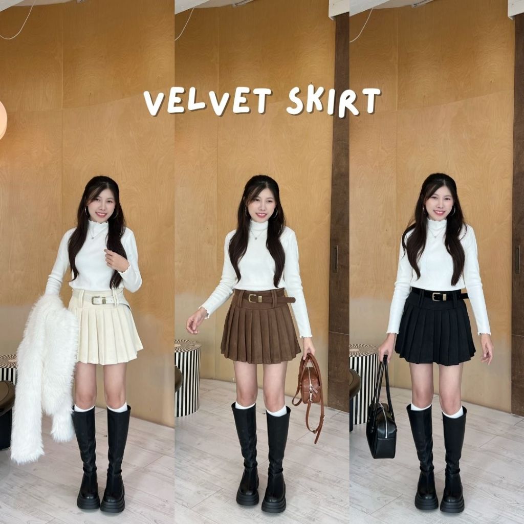 Beberlin กระโปรงผ้ากำมะหยี่พร้อมเข็มขัด เนื้อผ้าอย่างดี รุ่น Velvet skirt / No : 1012