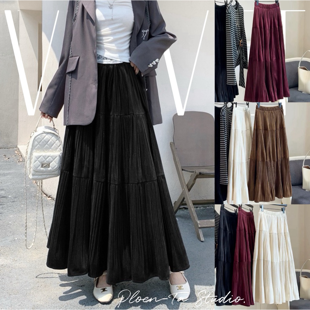 Velvet maxi skirt กระโปรงยาวผ้ากำมะหยี่อัดพลีทถี่ เย็บเลเยอร์3ชั้น มี4สี