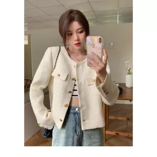 Veewink เสื้อแจ็กเก็ตสั้นสไตล์ชาแนล คอกลม เนื้อผ้าทอสาน สำหรับสาวตัวเล็ก