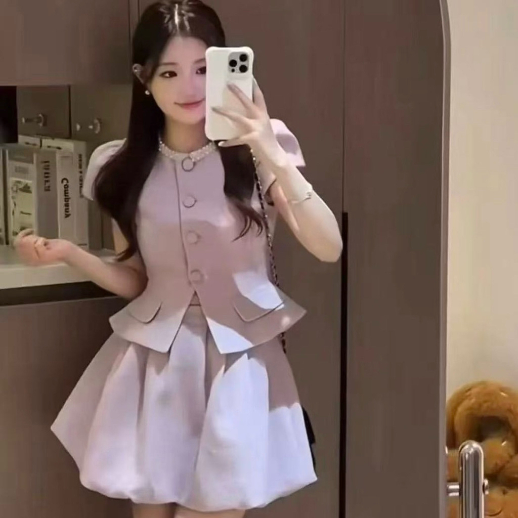 [LISA] A1220 ชุดเซตเสื้อคอกลมแขนลํ้ากระดุมหน้าแต่งกระเป๋ากระโปรงบอลลูน ลุคคุณหนูสุด ใส่คาเฟ่ เที่ยว