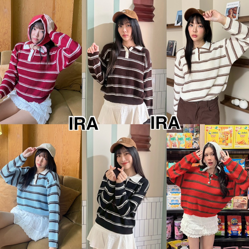 BY IRA sweater top เสื้อโปโลแขนยาวผ้าไหมพรมทอลาย กระดุมหน้า – โปรปัง