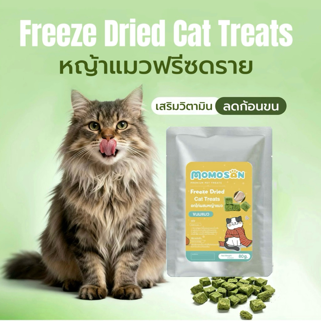 D หญ้าแมวฟรีซดราย Momosan [ถุงฟอยด์ 80 กรัม] ขนมแมว ลดก้อนขน เสริมวิตามิน Freeze dried Cat Treats ต้