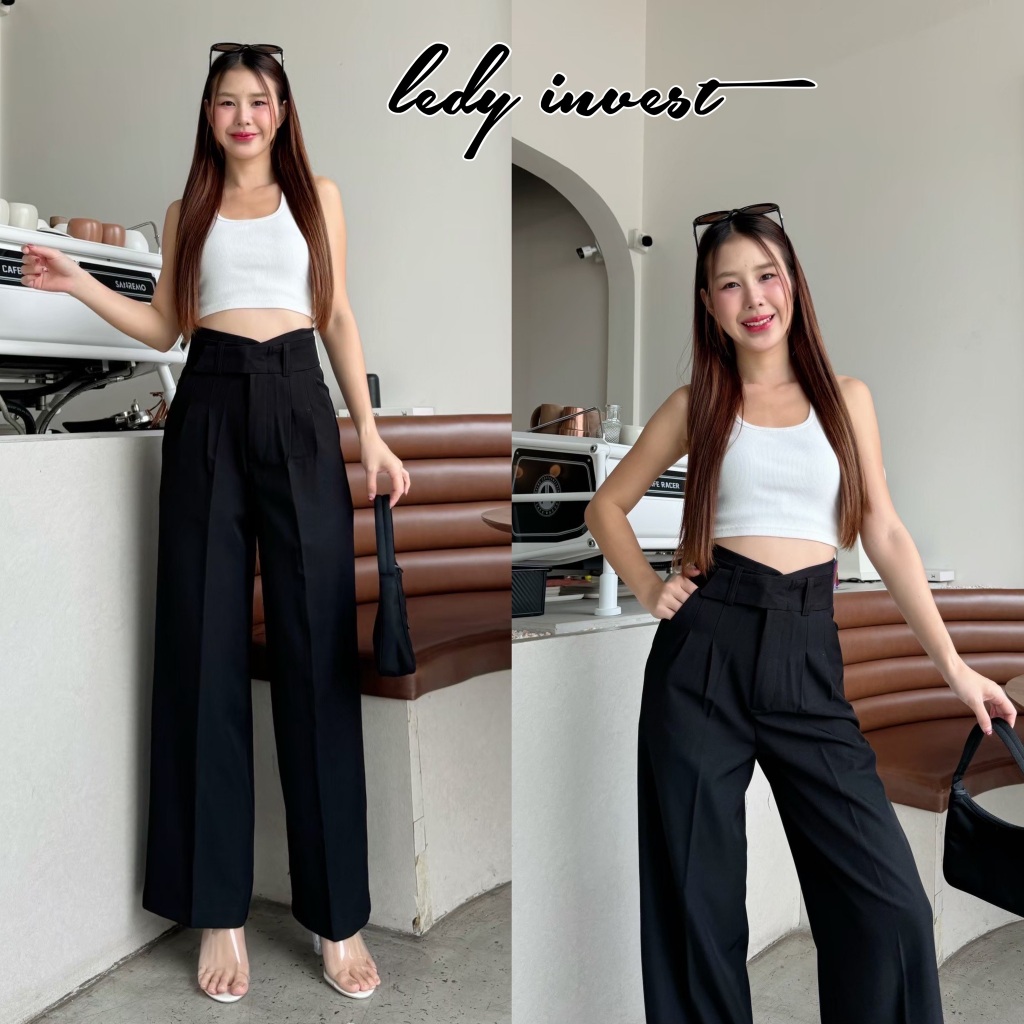 Maily Pants 42นิ้ว สูง 175 ใส่แล้วไม่ลอย กางเกงทรงกระบอก ใหญ่ กางเกงเอวสูง กางเกงทำงานผู้หญิง สีดำ LT22