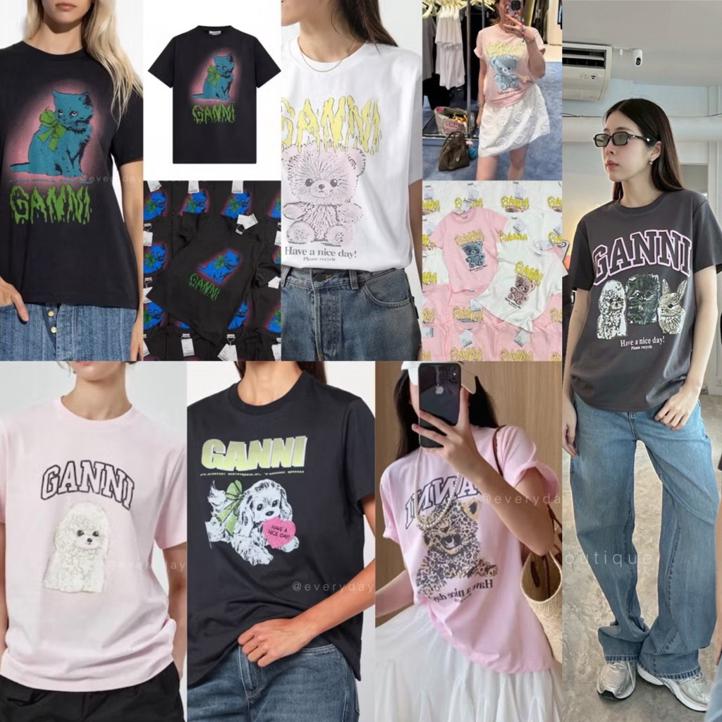 Ganni Cat Dog Bear Tiger T-shirt🐈🧸🐯(350฿) เสื้อยืดคอกลมแขนสั้นงานชนช็อปไปเลยค้า ลายสกรีนน้องแมว หมา หมี เสือ สกรีน valen