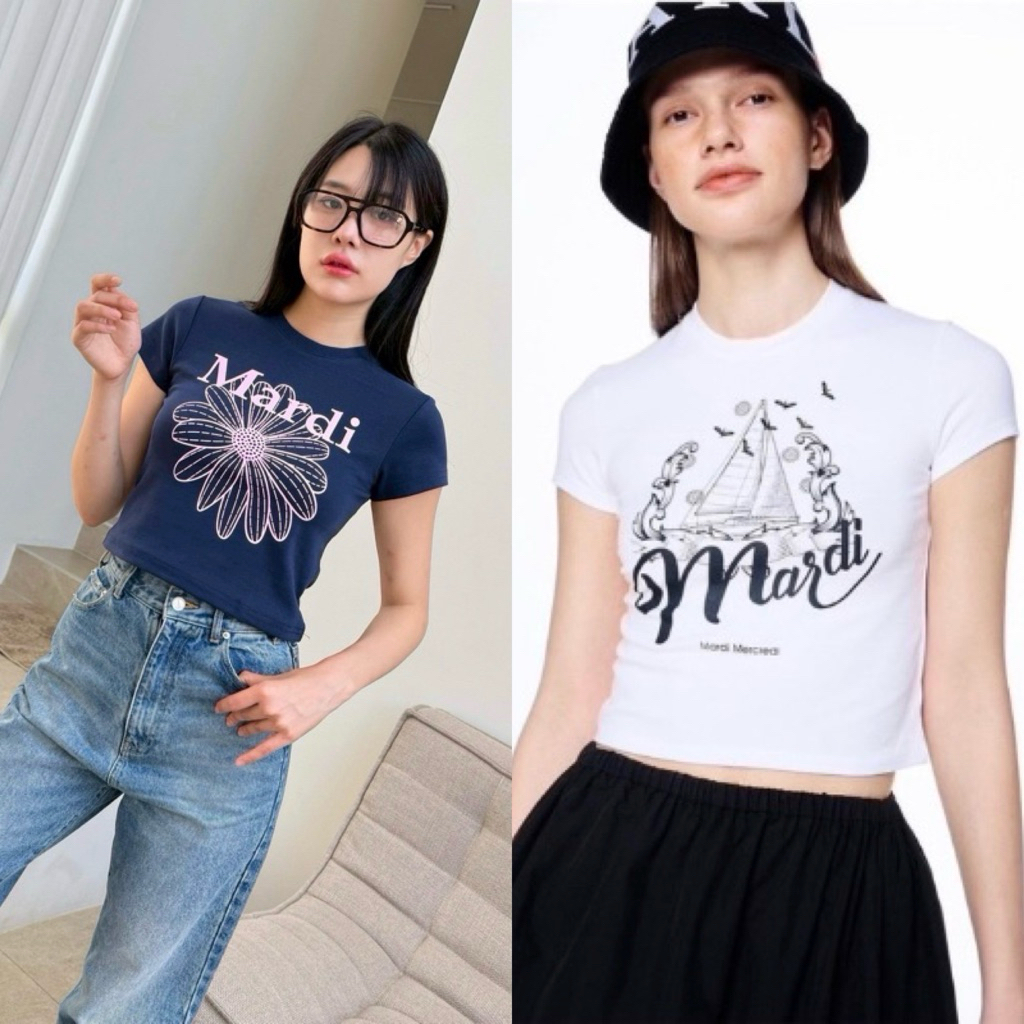 ส่งด่วน 🛵Mardi flower crop 🔖🌸 เสื้อยืดทรงครอปคอกลมแขนสั้น ลายยอดฮิต