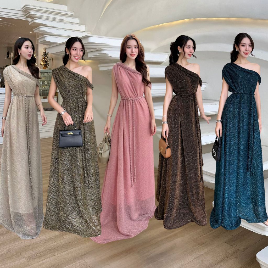 NOOZZSHOP 5911422 เดรสยาวผ้าพลีทกลิตเตอร์ แถมเชือกผูกเอว