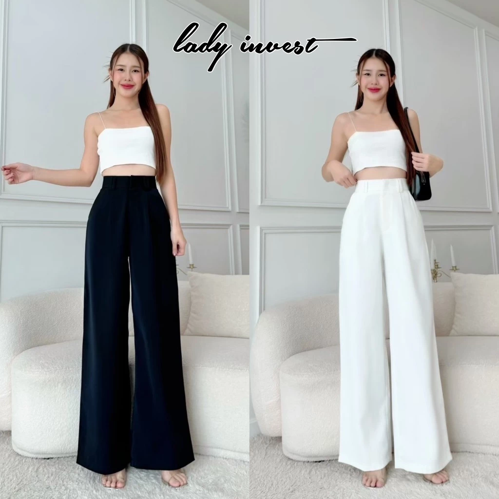 Lady Cassic Pants กระบอก42นิ้ว ทรงกระบอกใหญ่ ผ้าลินลี่พรีเมี่ยม ผ้าทิ้งตัวดี กางเกงขายาวผู้หญิง สีดำ ใส่ทำงาน LT04