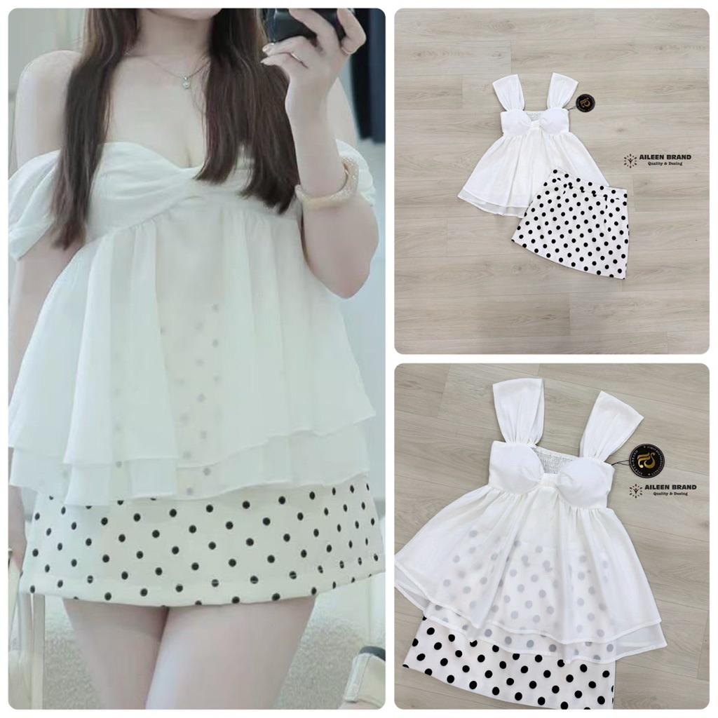 Aileen Set เสื้อสีขาวน่ารัก+กระโปรงสั้นลายจุด