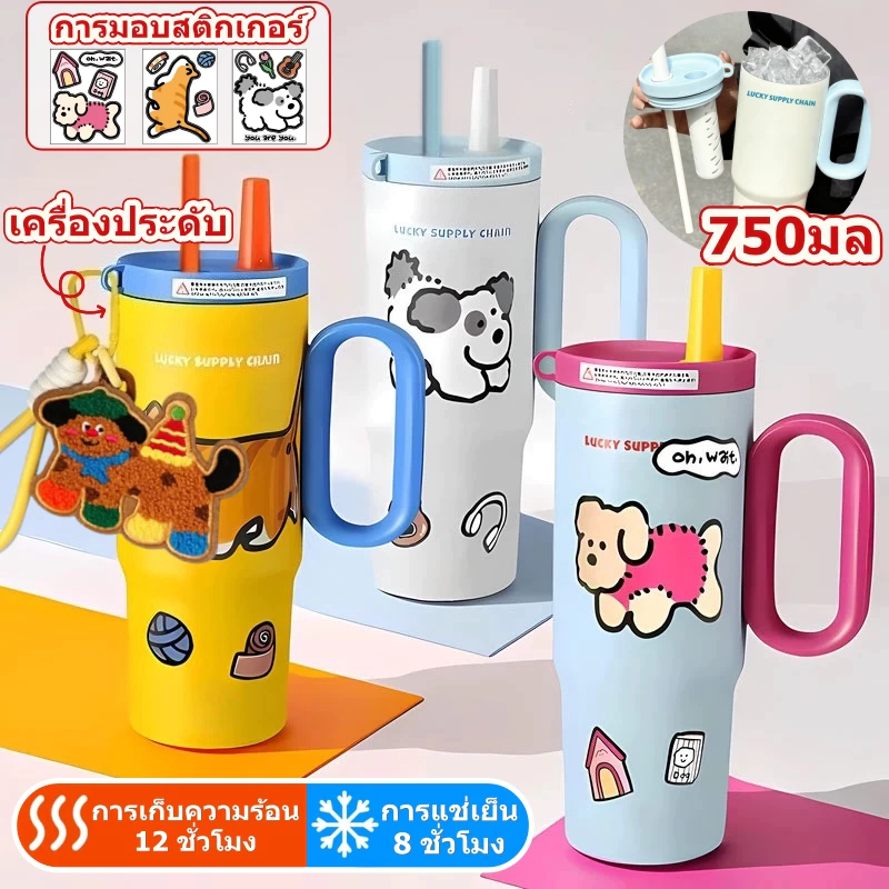 แก้วเก็บความร้อน-เย็น 316 สแตนเลส ขนาดใหญ่ 750 มิลลิลิตร มีฝาปิดและหลอดฟาง สำหรับพกไว้ในรถยนต์