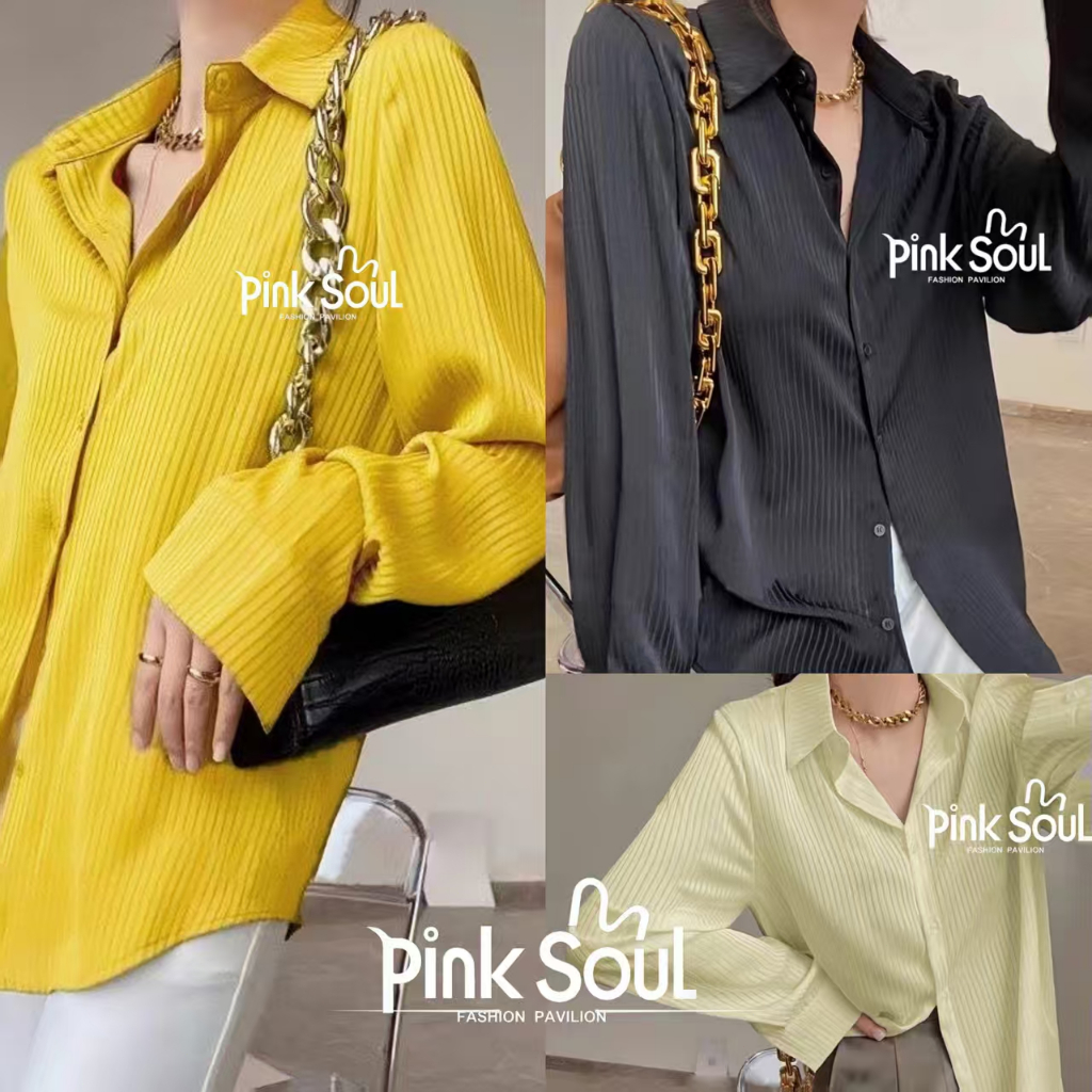 เสื้อเชิ้ตแขนยาวลายริ้ว รุ่นหน้าสั้นหลังยาว สไตล์เกาหลี เรียบง่าย ผ้าซาตินลื่น สำหรับสาวออฟฟิศ ผ้าดีใส่สบาย