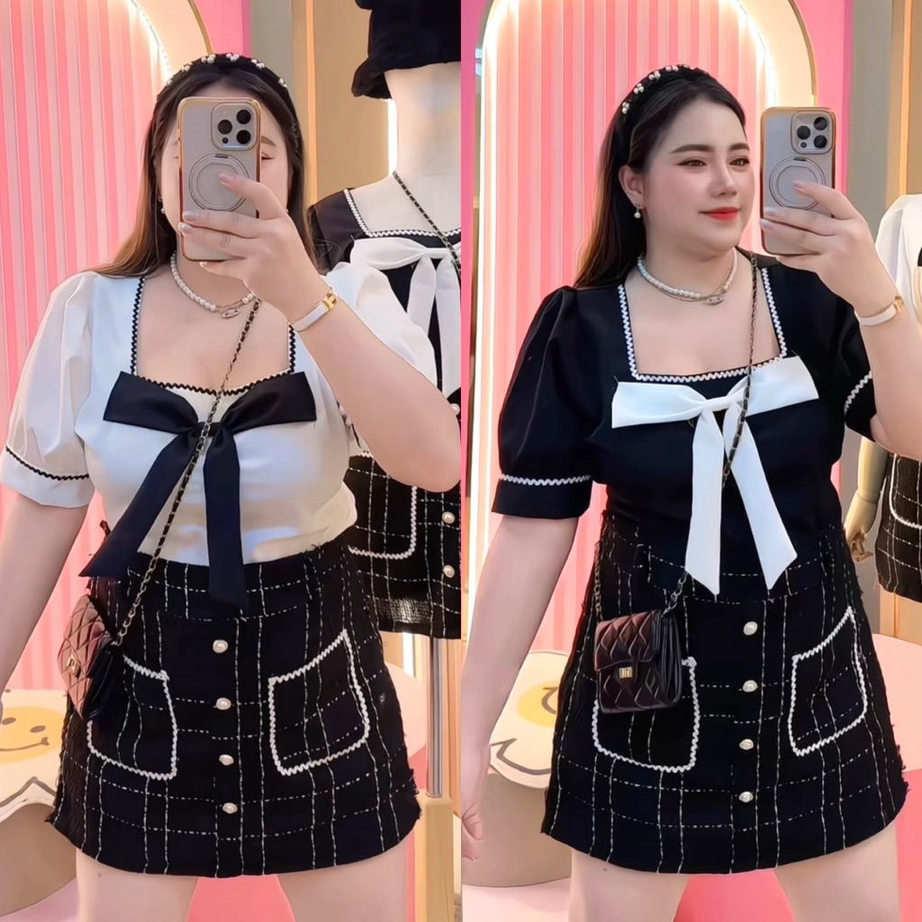 C38-S2H1❤️ เสื้อคอเหลี่ยมโบว์  อก32-46“