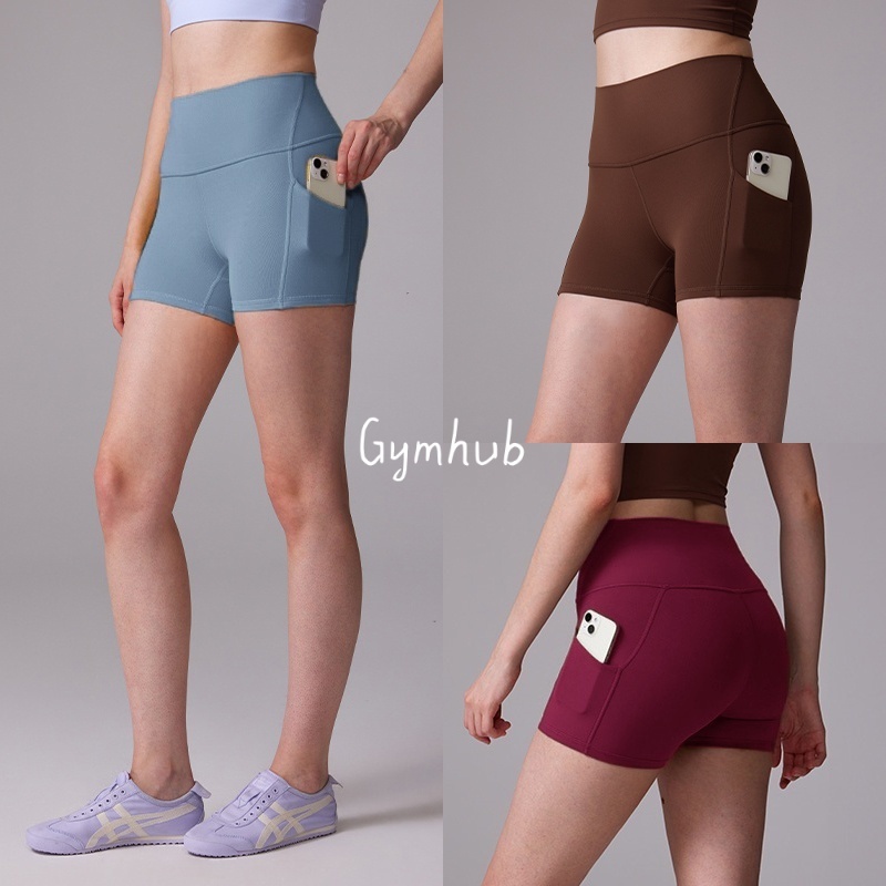 GYMHUB กางเกงโยคะเอวสูงมีกระเป๋า ยืดหยุ่นกระชับ กางเกงขาสั้นออกกำลังกายกีฬาบางและระบายอากาศได้ดี