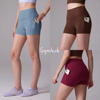 GYMHUB กางเกงโยคะเอวสูงมีกระเป๋า ยืดหยุ่นกระชับ กางเกงขาสั้นออกกำลังกายกีฬาบางและระบายอากาศได้ดี