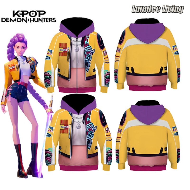ຊຸດ KPop Demon Hunter ຄອດເພລ່ (ເດັກຍິງ) ພ້ອມຮູດ ໃສ່ໄປງານ Halloween (ສຳລັບທຸກລະດູ)