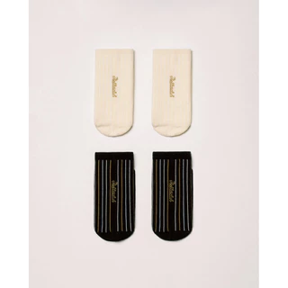 Stripy Soft Socks Socks (เซ็ตละ 2 คู่ Set of 2 Pairs - Cream and Black) - The Flos Club