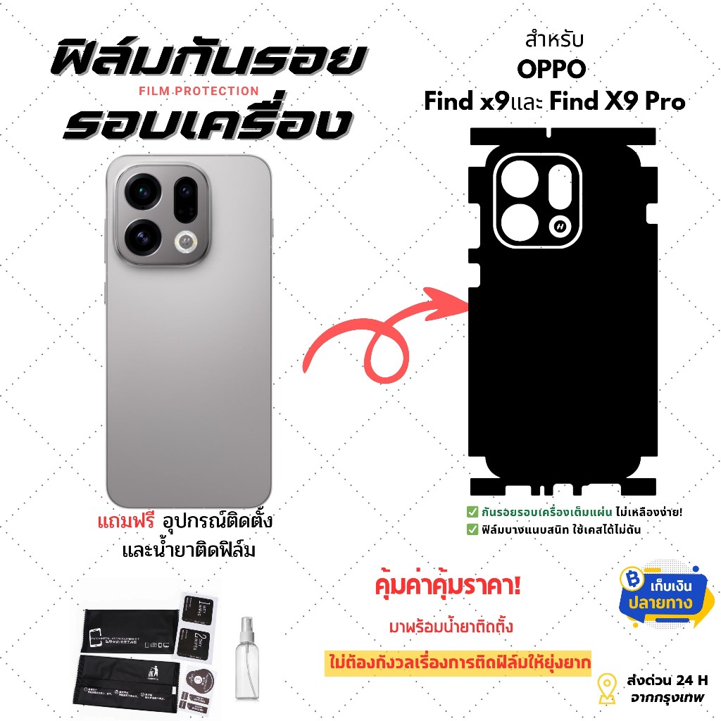ฟิล์มกันรอยด้านหลังและขอบข้าง OPPO Find X9 / X9 Pro | ฟิล์มบางเฉียบ ไม่อมความร้อน ติดแน่น ไม่ดีดขอบ