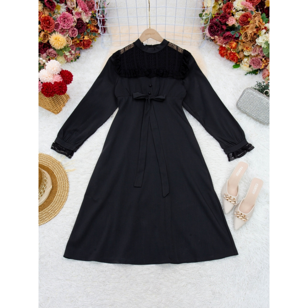 ชุดเดรสผู้หญิ แฟชั่นสุภาพผ้าชีฟองแต่งลูกไม้ สีดำ