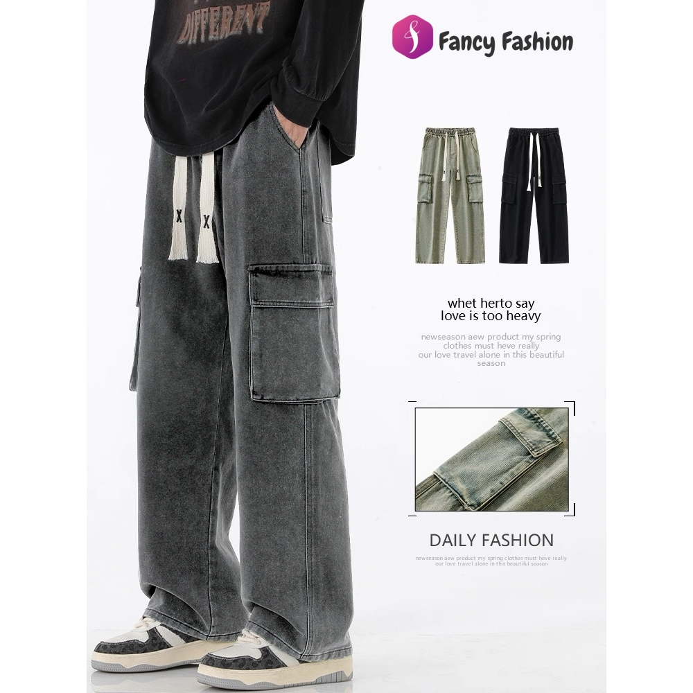 Fancy Fashion กางเกงทํางานทรงตรงผู้ชายหลวมสีทึบกางเกงลําลองกันลม