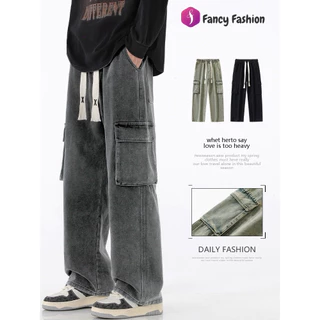 Fancy Fashion กางเกงทํางานทรงตรงผู้ชายหลวมสีทึบกางเกงลําลองกันลม