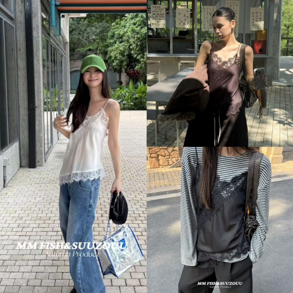เสื้อสายเดี่ยวผ้าซาตินแต่งผ้าลูกไม้เฉียงรุ่น 25T616 TAG MM FISH 🇰🇷