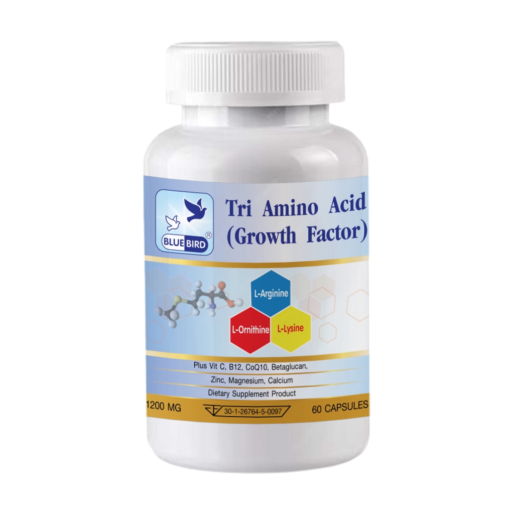 3L : Tri amino Acid แอล-อาร์จินีน, แอล-ออร์นิทีน, แอล-ไลซีน พลัส ตรา บลูเบิร์ด ขนาด 1200 มก. 60 เม็ด