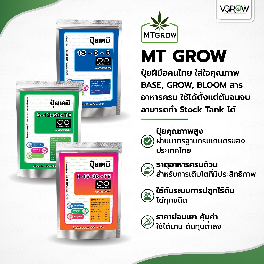 MT GROW ปุ๋ยฝีมือคนไทย ใส่ใจคุณภาพ Base Grow Bloom สารอาหารครบ ทำ Stock Tank ได้ ปุ๋ยเอ็มทีโกลว์
