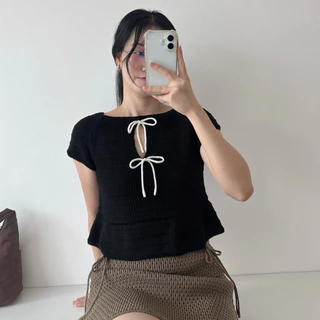 MOMOKA.KNIT🍑 เสื้อลายถักแขนสั้น ดีเทลโบว์🎀 Cute Knit Girl🌷