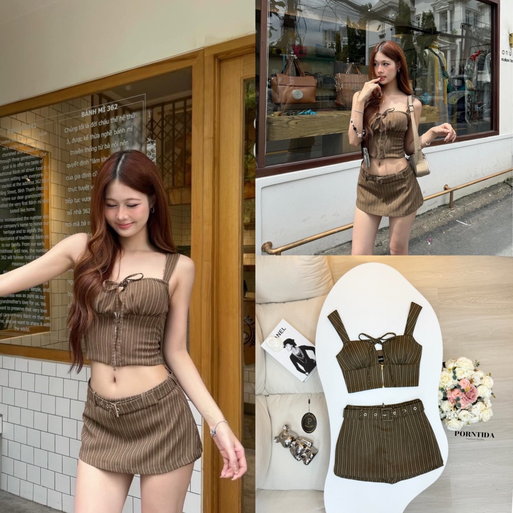 PORNTIDA Setเสื้อสายแต่งผูกโบว์ กระโปรงกางเกง