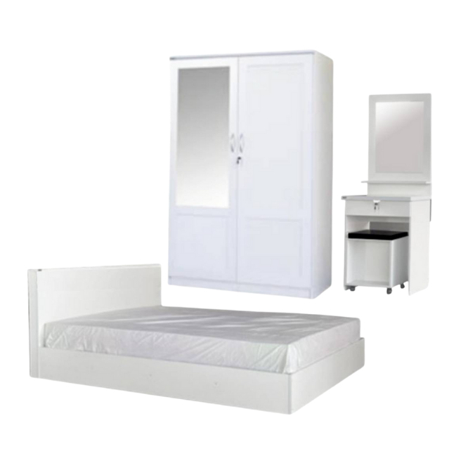 ชุดห้องนอน 3 ชิ้น  ตู้เสื้อผ้ากระจก 1 บาน โต๊ะเครื่องแป้ง เตียง (ไม่รวมที่นอน)