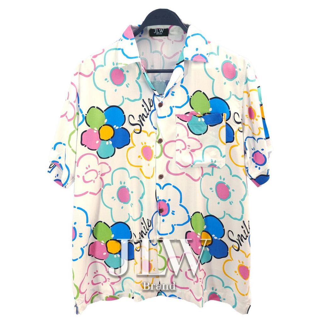 เสื้อฮาวาย ลายดอกสไมล์ น้ำเงิน ผ้านิ่ม M L XL Oversize คอฮาวาย JLW BRAND