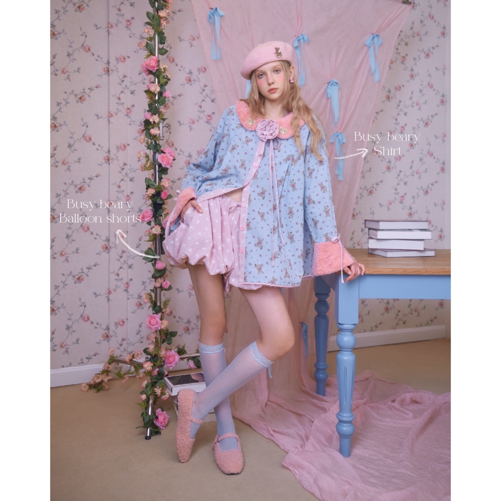Busy Beary Set🧸 ชุดเข้าเซตเสื้อเชิ้ตแขนยาวลายหมี ใส่คู่กับกางเกงสั้นทรงบอลลูนลายทาง