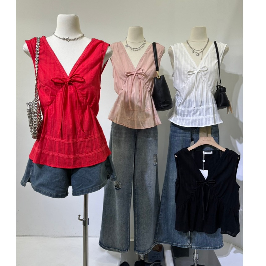 MATINEE M1960 เสื้อลินินทอลายลูกไม้เนื้อนุ่ม ดีเทลผูกโบว์หน้า สายเกาแต่ดูแพง ใส่ง่าย เข้ารูปพอดีตัว