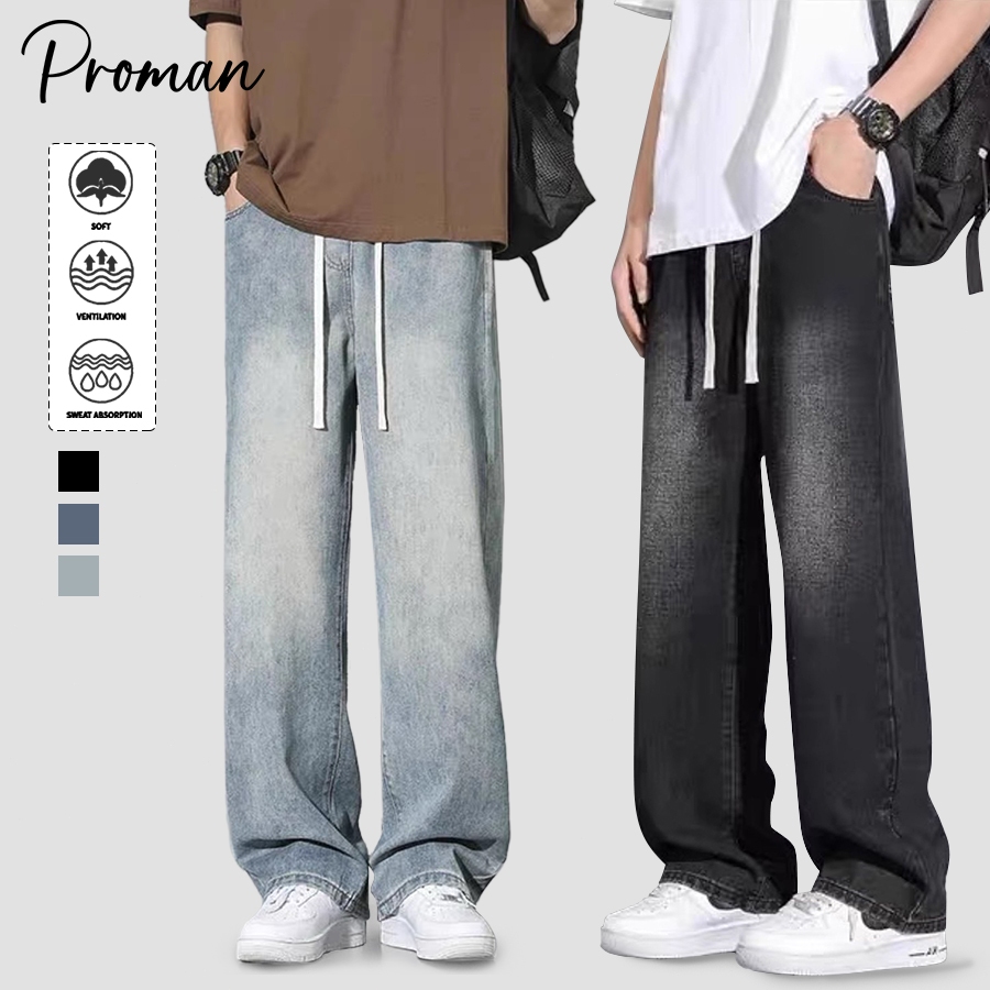 PROMAN666กางเกงยีนส์ทรงตรงสำหรับผู้ชาย  เอวยางยืด  เชือก Drawstring  สามสีตัวเลือก  ไซส์ใหญ่  เอนกประสงค์
