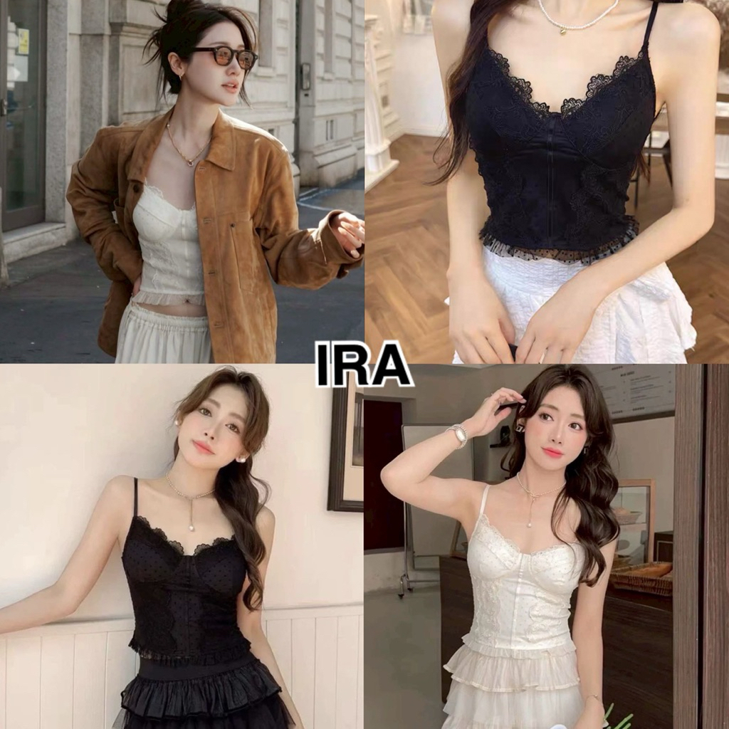 BY IRAGrace pot เสื้อสายเดี่ยวผ้าชีฟอง แต่งลูกไม้เซ็กซี่ขอบแฟชั่น หลังเป็นสม็อค