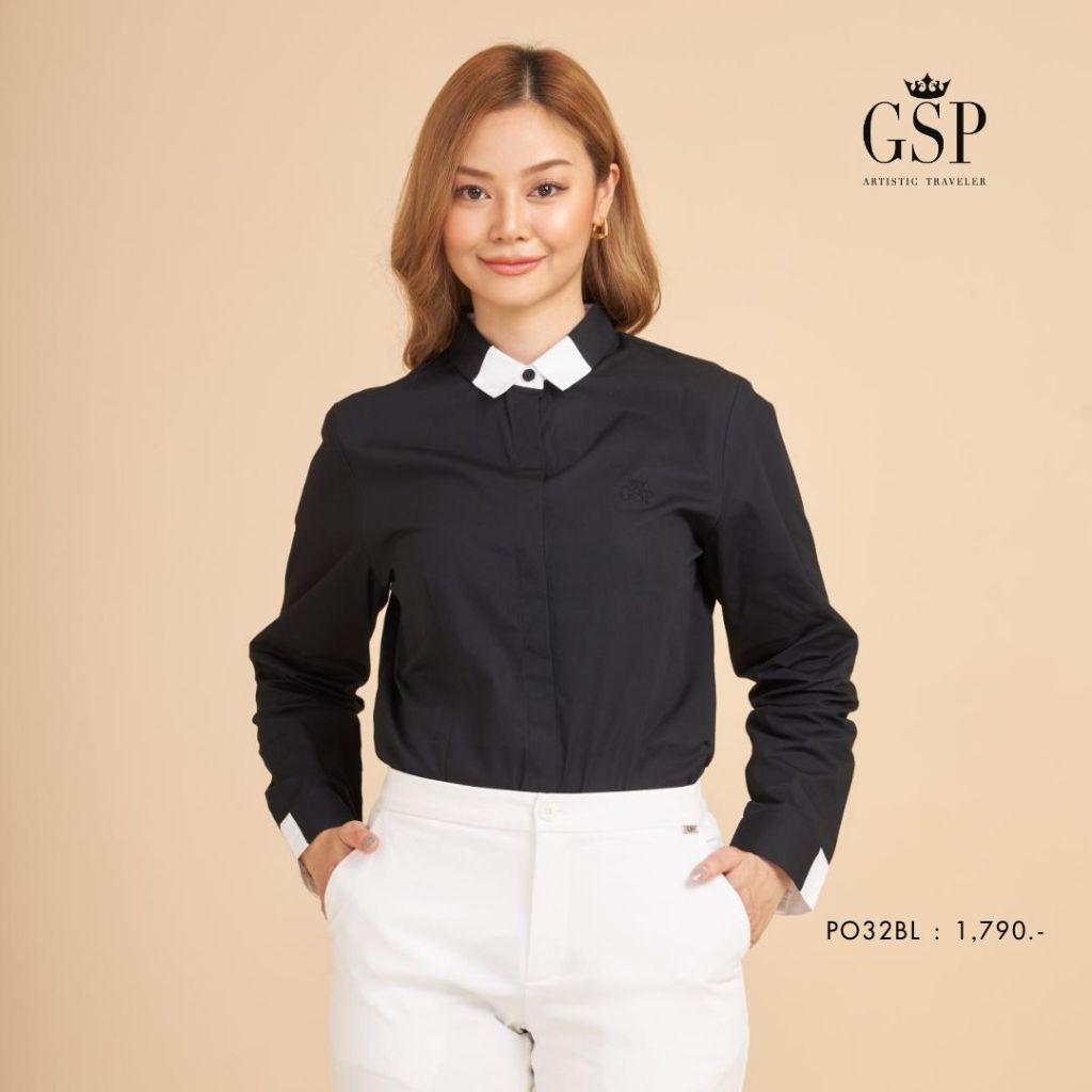 GSP จีเอสพี เสื้อเชิ้ต แขนยาว สีดำ แต่งขอบสีขาว PO32BL