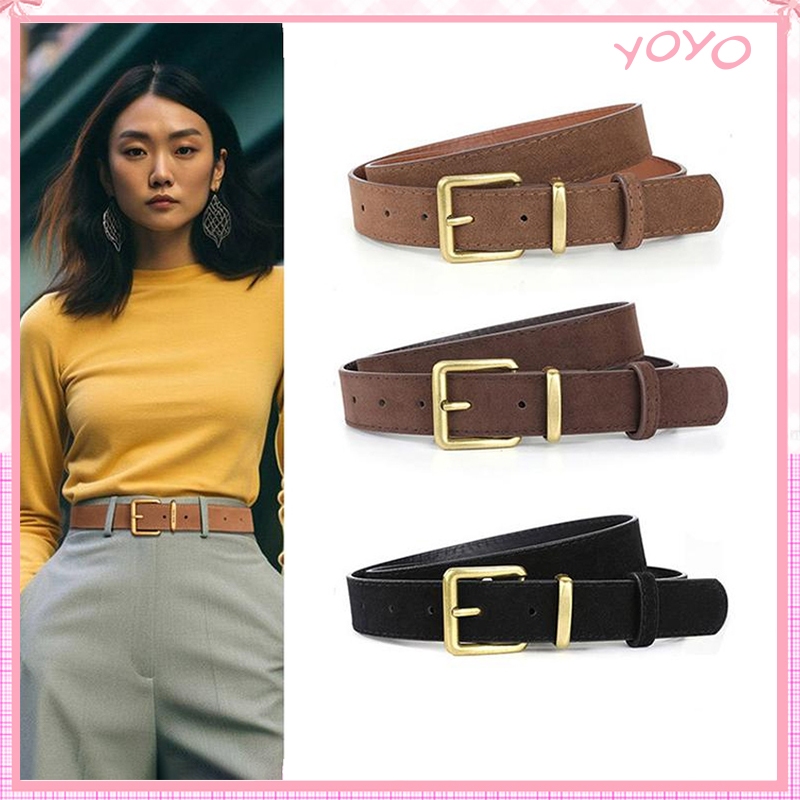 เข็มขัดหนังกลับวินเทจ  สไตล์ Maillard Luxury Design Pin Buckle Waistband, ผู้หญิงแฟชั่นลําลองอเนกประสงค์อินเทรนด์ธุรกิจ