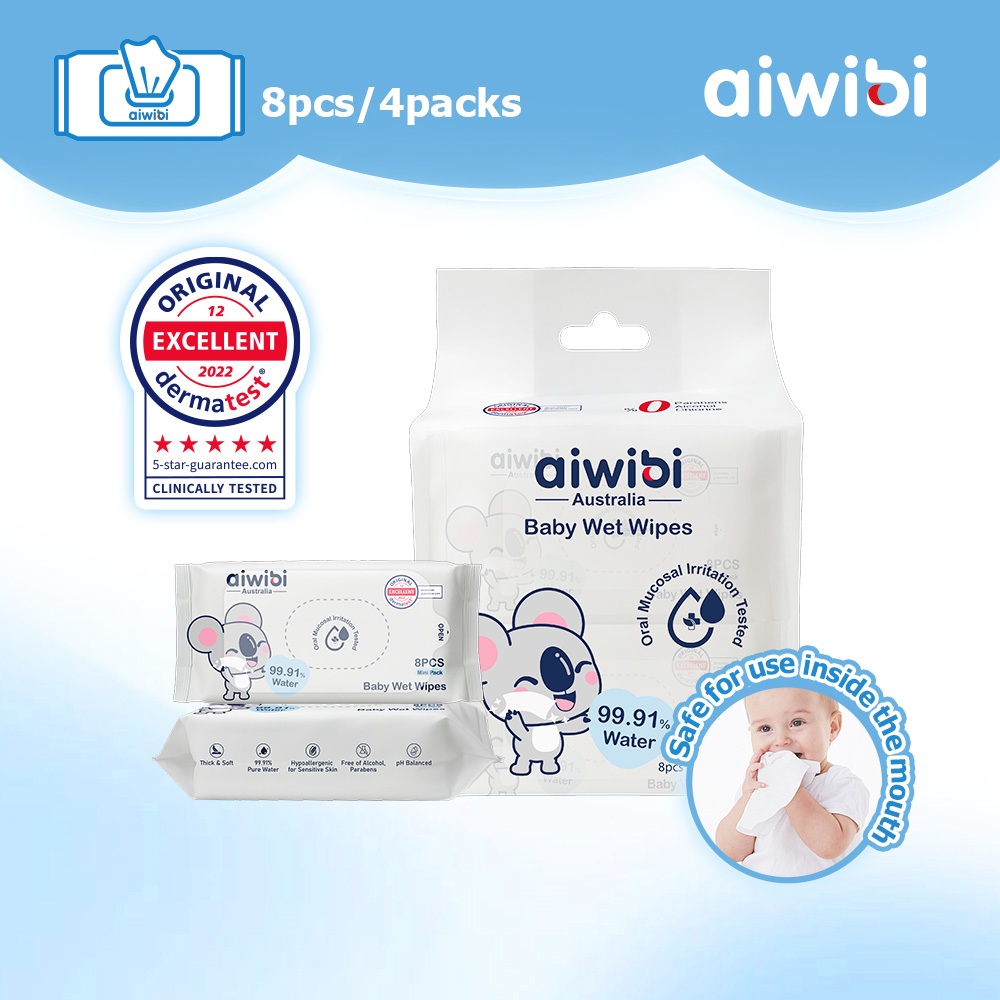 Aiwibi ทิชชู่เปียกสำหรับเด็ก ขนาดมินิพกพา สูตรน้ำบริสุทธิ์ 99.91% (แพ็คเล็ก 4 ชิ้น)