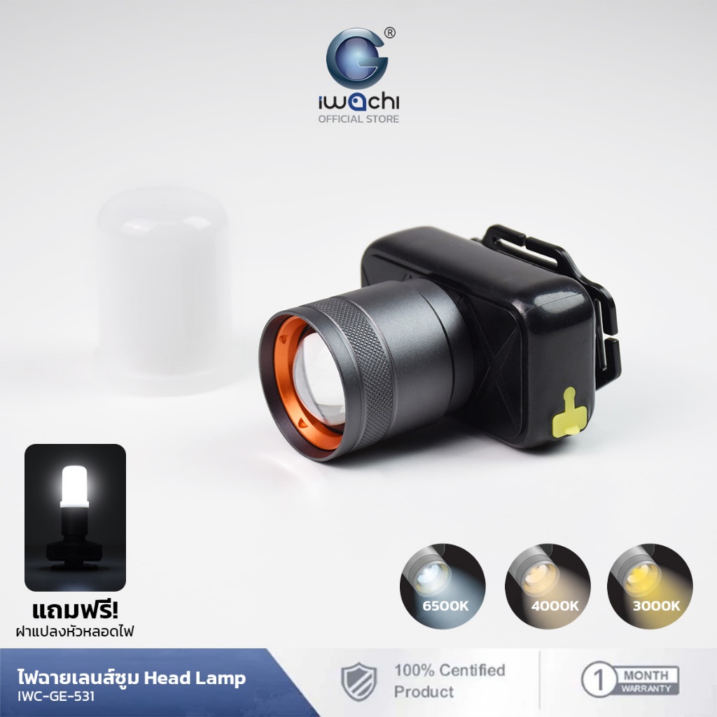 IWACHI หน้าไฟฉายคาดหัว รุ่น GE-531 6000 mAh เปลี่ยนแสงไฟได้ 3 สี 6500k/4000k/3000k
