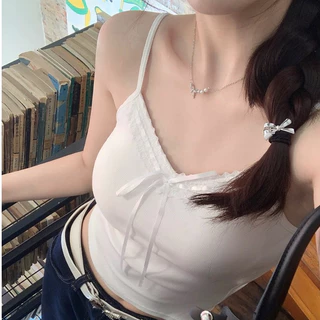 🤍เสื้อสายเดี่ยว ครอป พร้อมส่งในไทย มีฟองน้ำในตัว ดีเทลโบว์ผูกรอบขอบ สไตล์เวียดนาม เกาหลี แต่งตัวแมชชิ่งง่ายย น่ารักก#013