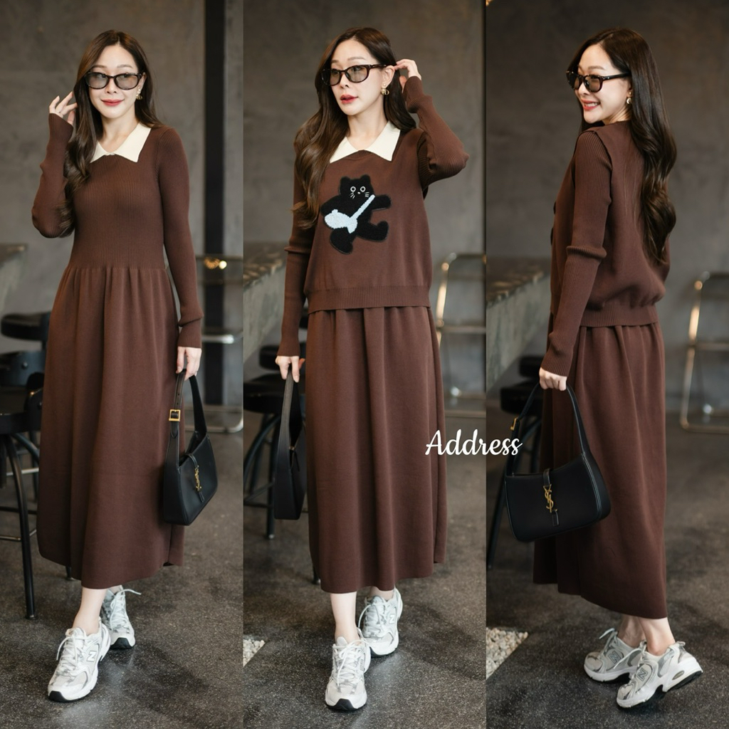 🌈🌿🌺🌸🌼🤎🖤🇰🇷Knit Collar Long Sleeve Maxi Dress&Cat Sleeveless Top Set