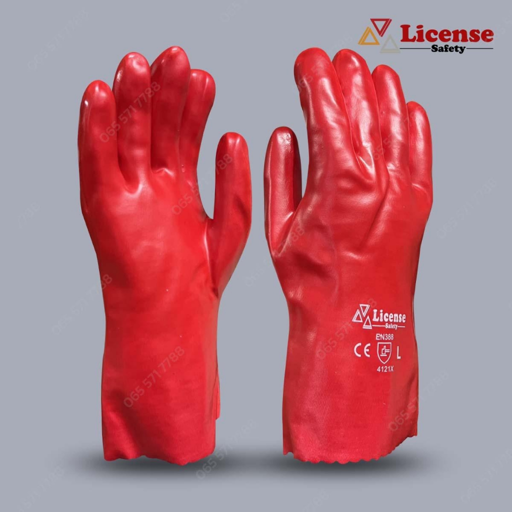 ถุงมือ PVC สีแดง License ยาว 30 cm ป้องกันสารเคมี(1คู่)