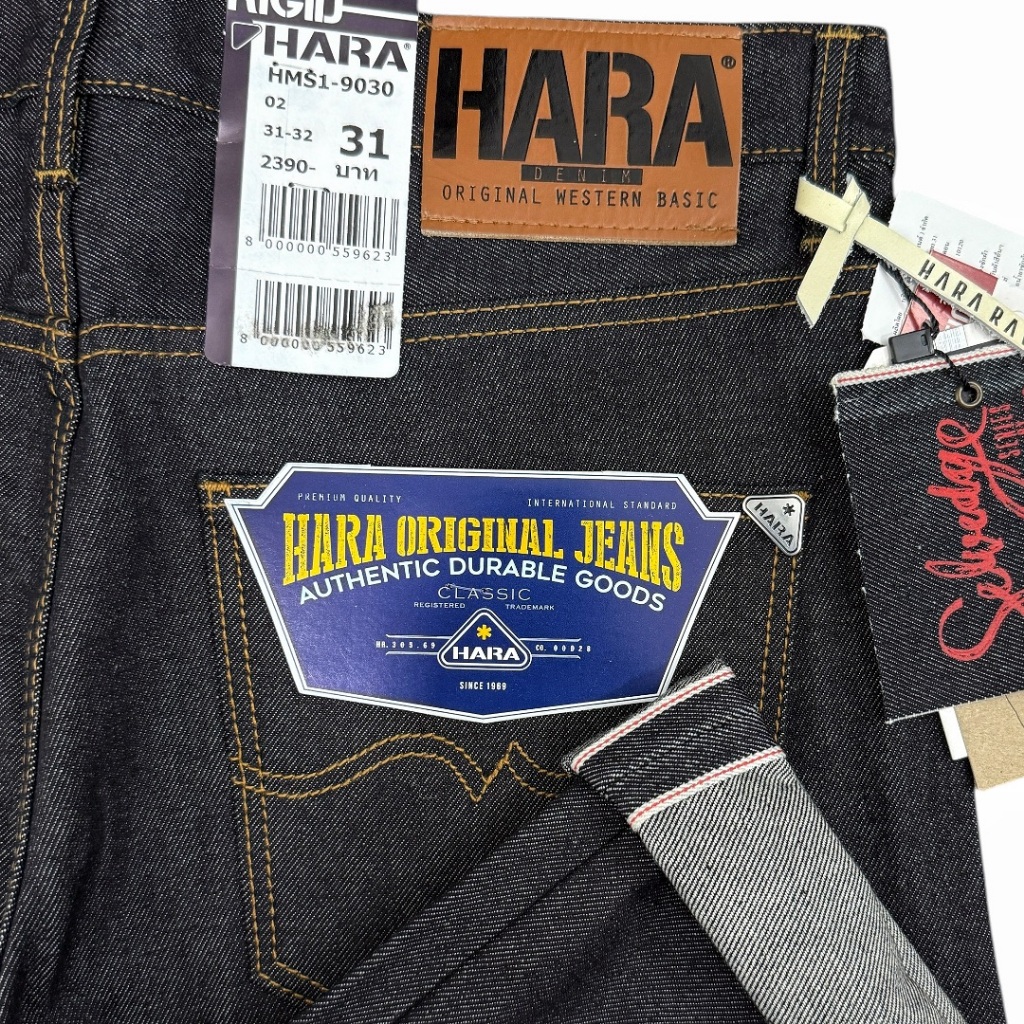 สินค้าใหม่!! ริมแดง ผ้าดิบ 14.5 ออนซ์ HARA  ยีนส์ชาย ขากระบอก สีมิดไนท์ ด้ายทอง  เป้าซิป เอวกลาง ของแท้จากช็อป