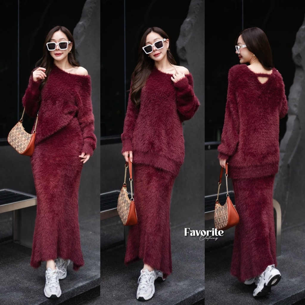 🌈🌿🌼🌺🌸❤️🩶🇰🇷 Fur Long Sleeve Top&Long Skirt Set