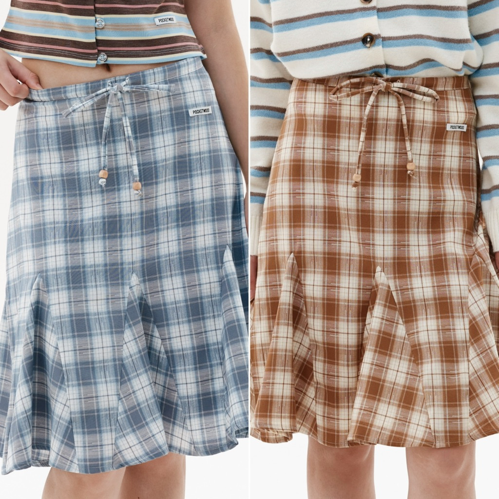 Faye Midi Skirt [Pre-Order สี Fog Blue size S,M พร้อมส่ง 30 เมษา] กระโปรงลายสก็อต แต่งลูกปัดไม้
