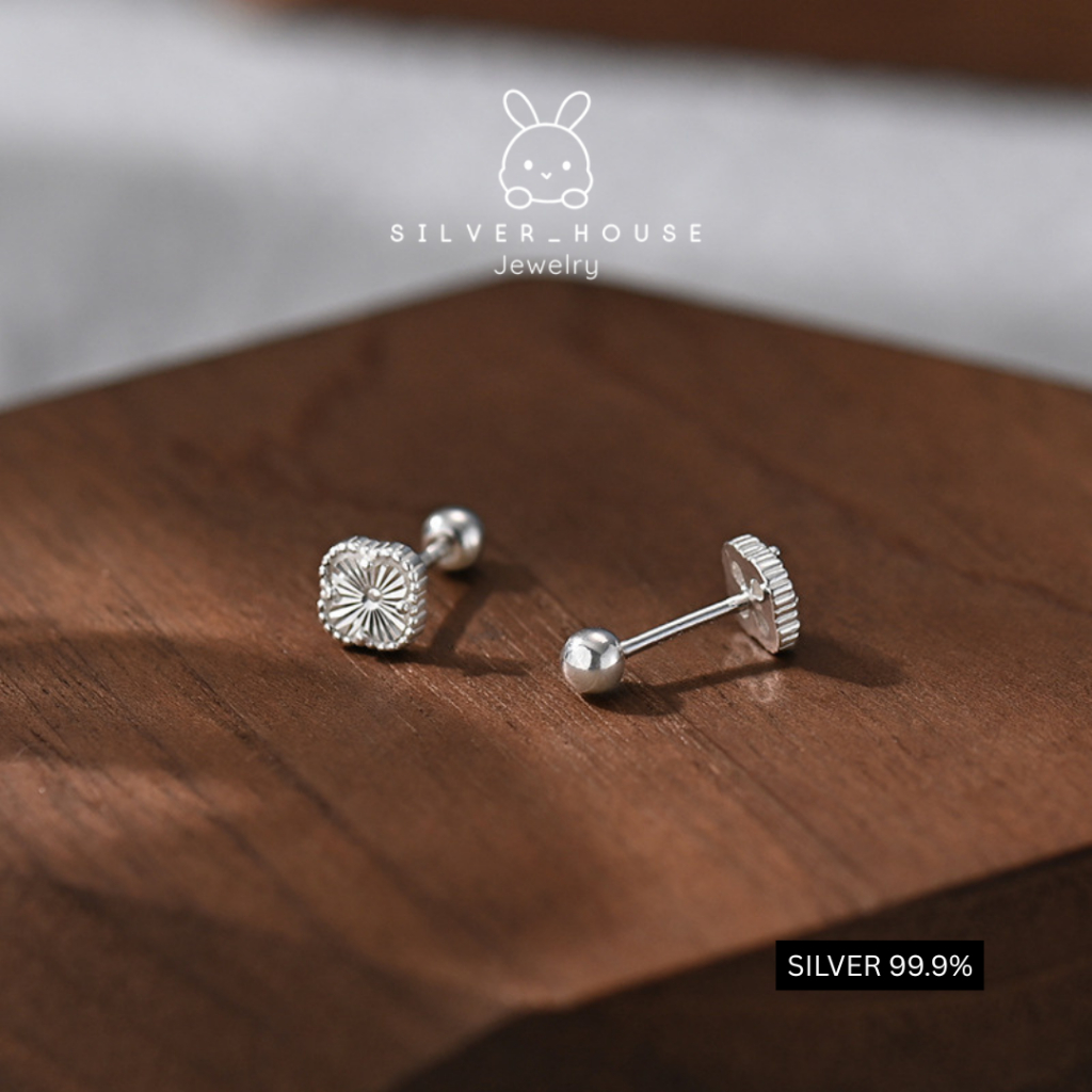 (1คู่2ชิ้น) ต่างหูเงินแท้ 99.9% ใบโคลเวอร์สีเงิน สกูรเกลียวหมุน สวยมากค่ะ