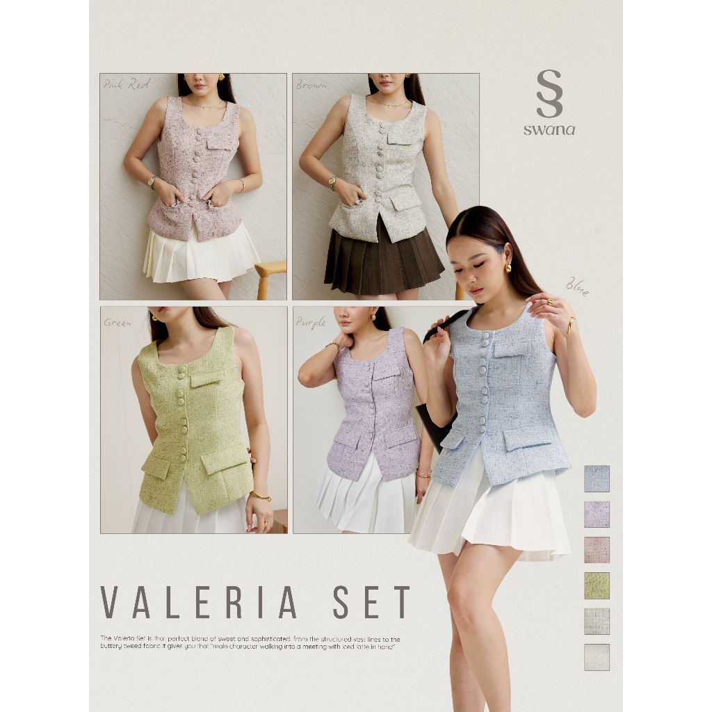 Swana.ss - Valeria tweet set  🐰ได้ทั้งชุด (XS-2XL)  เสื้อทวิตแขนกุด + กระโปรงจีบ(มีซับในกางเกง)