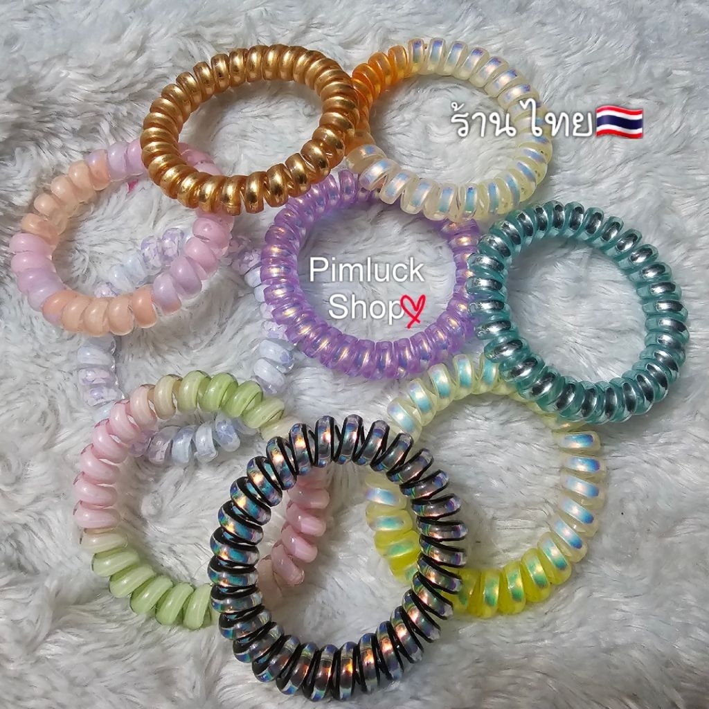 ยางรัดผม หนังยางมัดผม แบบเกลียวสีโฮโลแกรมและพาสเทลหวานยืดหยุ่นใช้ดี