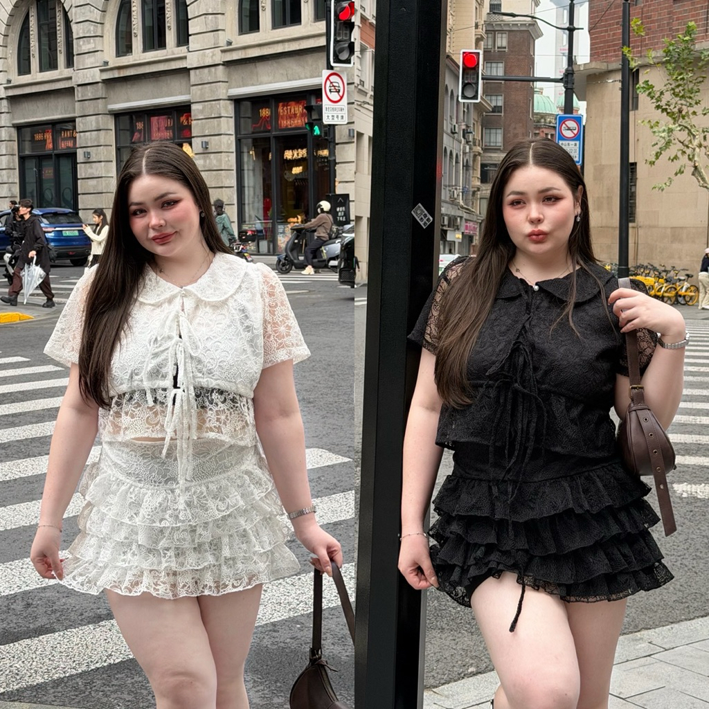 /LD/ ชุดเซ็ตผ้าลูกไม้ มีไซส์อก40-52 เสื้อผูกหน้า+กระโปรงระบายชั้นๆ มีซับใน น่ารักมาก #พลัสไซส