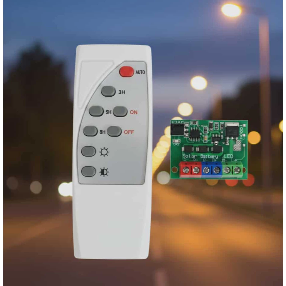 วงจรชาร์จแบต โซล่าเซลล์ 100000W ชาร์จ 12A เปิด-ปิด LED อัตโนมัติ ตั้งเวลา หรี่ไฟได้ 3.2v 3.7v 12v พร้อมรีโมรท