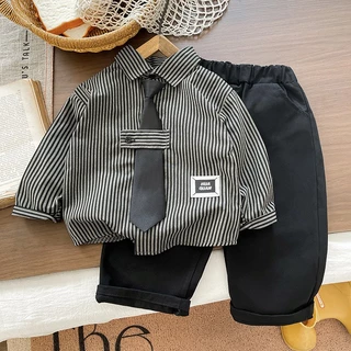 MooDeng Baby เซ็ตแขนยาว ปักลาย คอปก ลายสก็อต 2 สีเทา สีกรม เซท 2 ชิ้น เสื้อแขนยาว+ กางเกงขายาว ใส่เที่ยว ชุดเซทสุดเท่